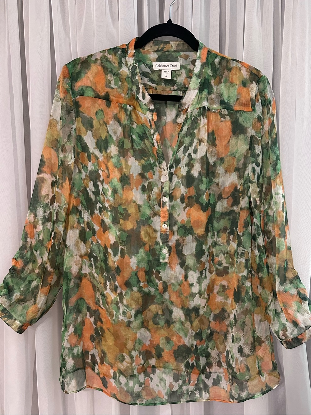 Coldwater Creek Sheer Watercolor LongSleeve Blouse in Green & Orange Size 14